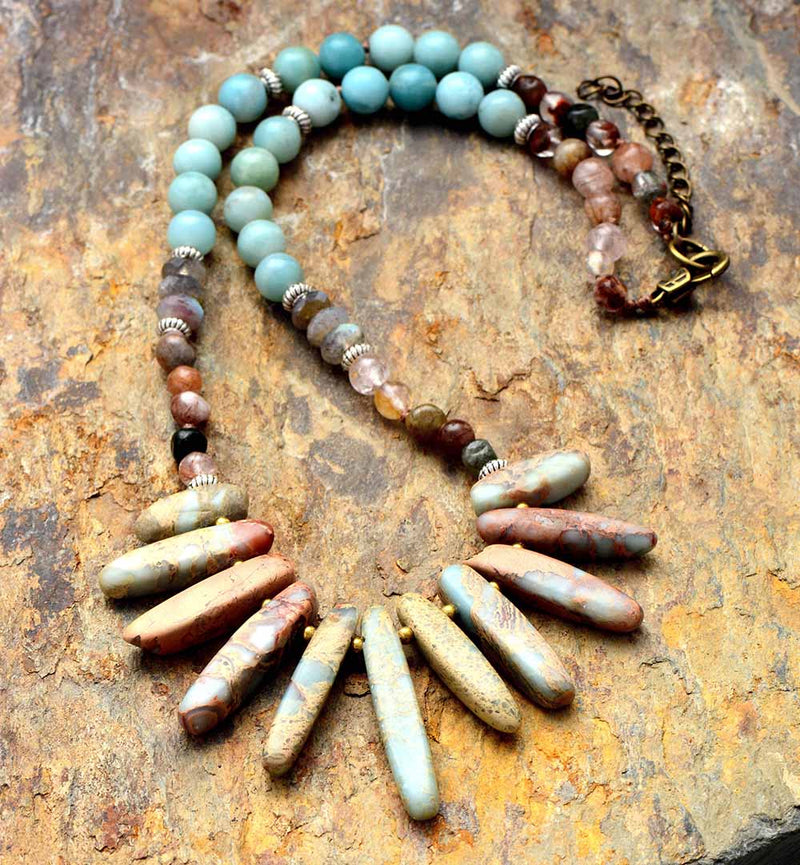 Boho Necklace, Blue Amazonite, Jasper, Labradorite and Seeds - Wild Rose Boho