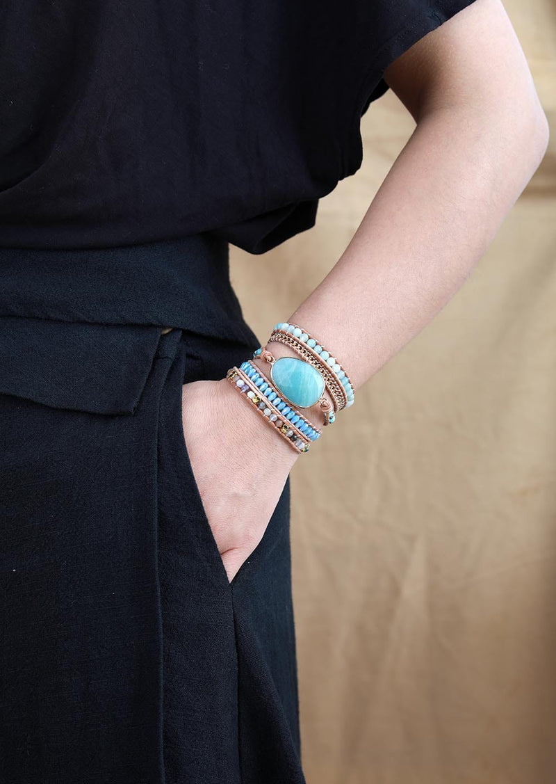 Boho Bracelet, 5 Layers Leather Wrap Bracelet, Handmade Natural Blue Stone Crystal - Wild Rose Boho