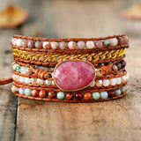 Boho Bracelet, 5 Layers Leather Wrap Bracelet, Pink Rhodonite - Wild Rose Boho