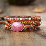 Boho Bracelet, 5 Layers Leather Wrap Bracelet, Pink Rhodonite - Wild Rose Boho