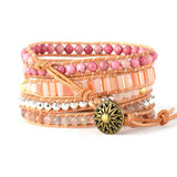 Boho Bracelet, 5 Layers Leather Wrap Bracelet, Pink Pastelส Rhodonite - Wild Rose Boho