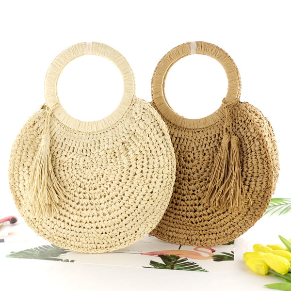 Boho Bag, Woven Straw Rope Bag, Rattan Bag, Yellow Moon Tassel in Brown and Ivory - Wild Rose Boho