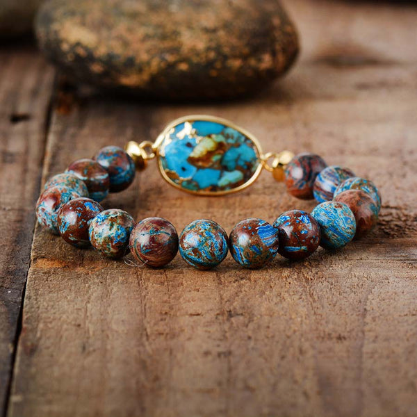 Boho Bracelet, Stretchy Bracelet, Brown Blue 10mm Bronzite Stone Tibetan - Wild Rose Boho