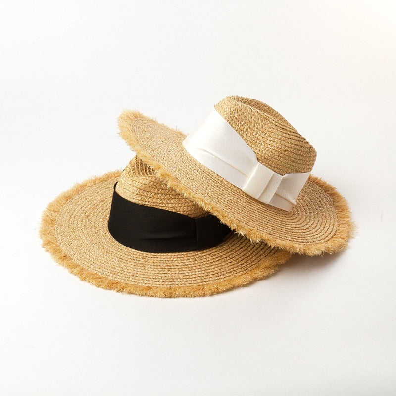 Boho Hat, Sun Beach Hat, Raffia Brim Hat Fringed, Luciana Black and White Ribbon - Wild Rose Boho