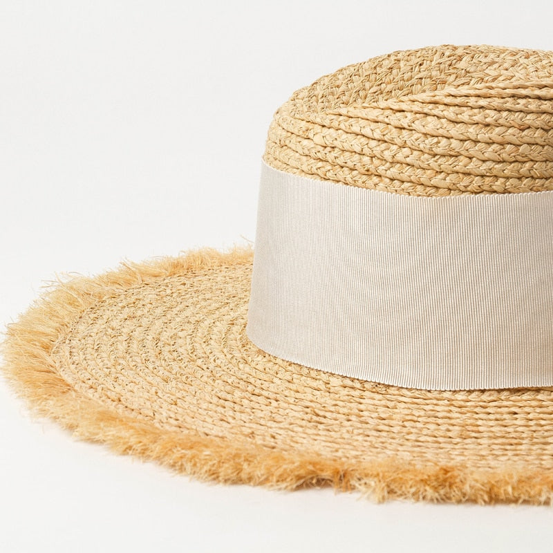 Boho Hat, Sun Beach Hat, Raffia Brim Hat Fringed, Luciana Black and White Ribbon - Wild Rose Boho