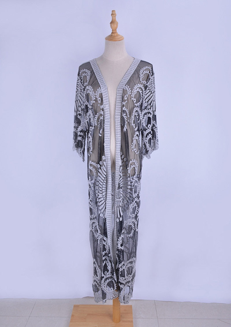 Beach Robe, Cover Up, Emilia in Black and White Lace - Wild Rose Boho