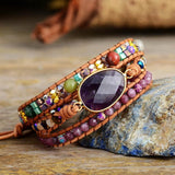 Boho Bracelet, 3 Layers Leather Wrap Bracelet, Natural Stone Purple Amethysts - Wild Rose Boho