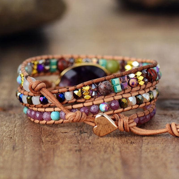 Boho Bracelet, 3 Layers Leather Wrap Bracelet, Natural Stone Purple Amethysts - Wild Rose Boho