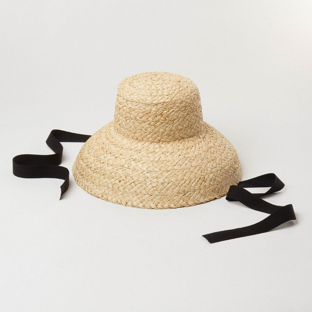 Boho Hat, Beach Hat, Rafia Hat, Vintage Bucket Hat, Beige and Black Ribbon - Wild Rose Boho
