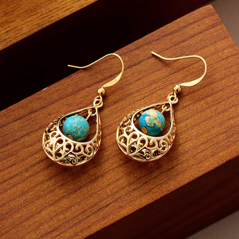 Boho Earrings, Dangle Earrings, Vintage Indian Gold Blue and Red - Wild Rose Boho