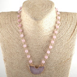 Boho Necklace, RH Rose Quart Amazonite, Half Moon Pink Natural Stone - Wild Rose Boho