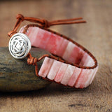 Boho Bracelet, Leather Wrap Bracelet, Tube Natural Pink Stone - Wild Rose Boho