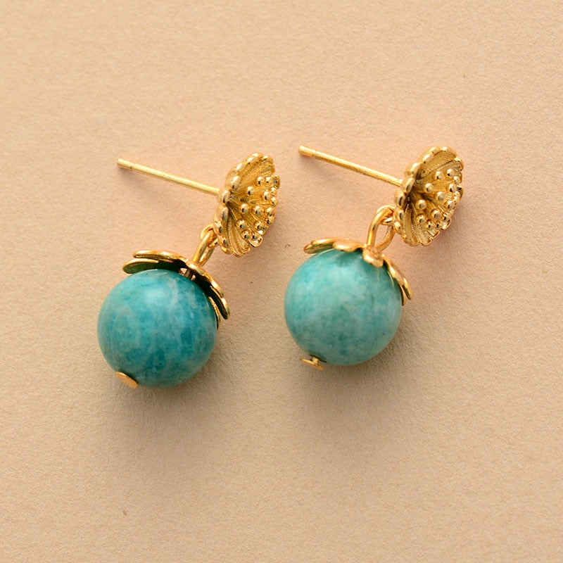 Boho Earrings, Dangle Earrings, Blue Amazonite Gold Flower - Wild Rose Boho