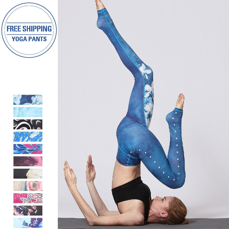 Boho Yoga Legging, Printed Tight, Blue White Lotus - Wild Rose Boho