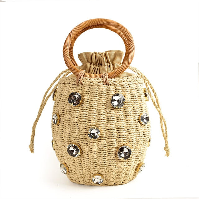 Boho Bag, Woven Straw Rope Basket Bag, Green Diamond Busket - Wild Rose Boho