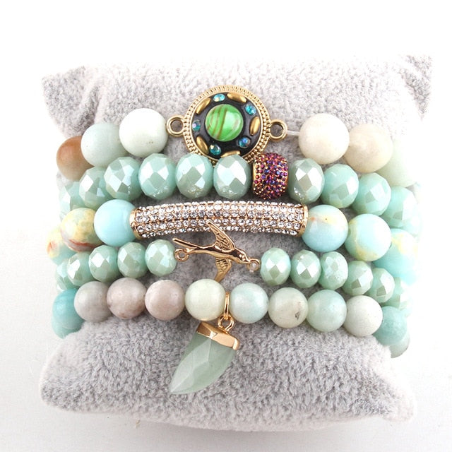 Boho Bracelet, RH Bracelet Set, Freedom Bird, Natural Stones in Green, Rose, White - Wild Rose Boho