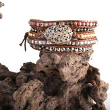 Boho Bracelet, RH 5 Layers Leather Wrap Bracelet, Natural Stones, Crystal Silver