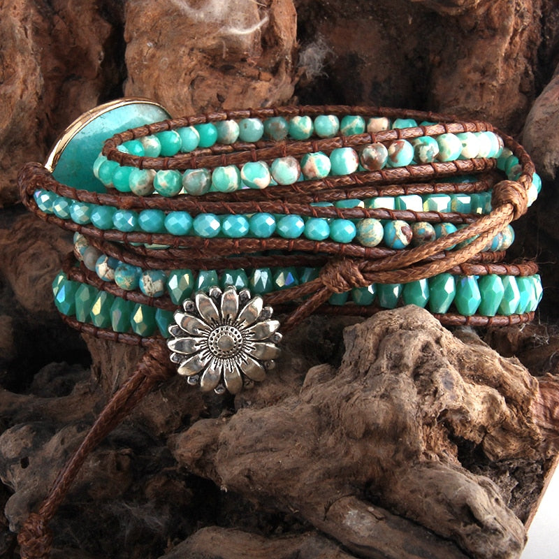 Boho Bracelet, RH 5 Layers Leather Wrap Bracelet, Natural Stones, Green Ocean - Wild Rose Boho