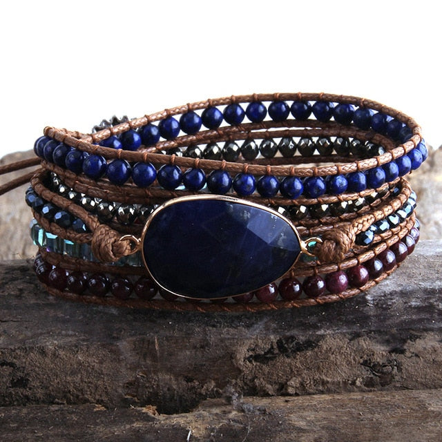 Boho Bracelet, RH 5 Layers Leather Wrap Bracelet, Crystal and Natural Stones, Blue, Rose, Purple - Wild Rose Boho