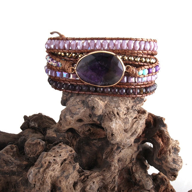 Boho Bracelet, RH 5 Layers Leather Wrap Bracelet, Crystal and Natural Stones, Blue, Rose, Purple - Wild Rose Boho