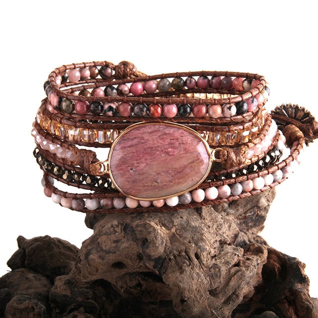 Boho Bracelet, RH 5 Layers Leather Wrap Bracelet, Crystal and Natural Stones, Blue, Rose, Purple - Wild Rose Boho