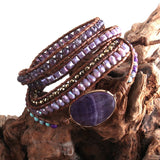 Boho Bracelet, RH 5 Layers Leather Wrap Bracelet, Natural Stones, Green, Rose, Purple - Wild Rose Boho