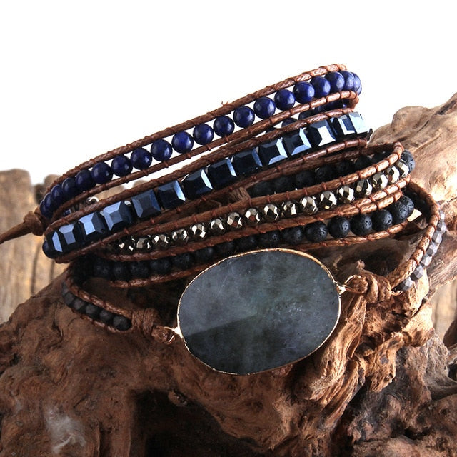 Boho Bracelet, RH 5 Layers Leather Wrap Bracelet, Mixed Natural Stones & Crystal Stone Blue and Purple - Wild Rose Boho