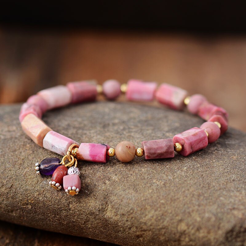 Boho Bracelet, Stretchy Bracelet, Pink and Blue Rhodonite - Wild Rose Boho