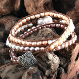 Boho Bracelet, RH 5 Layers Leather Wrap Bracelet, White Pink Natural Peal - Wild Rose Boho