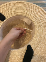 Boho Hat, Sun Hat, Beach Hat, Wide Brim Grass Straw Hat, Minnie Black Ribbon - Wild Rose Boho