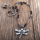 Boho Necklace, RH Crystal Dragonfly Blue Natural Stone - Wild Rose Boho