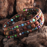 Boho Bracelet, RH 3 Layers Leather Wrap Bracelet, Green, Brown and Navy Natural Stones - Wild Rose Boho