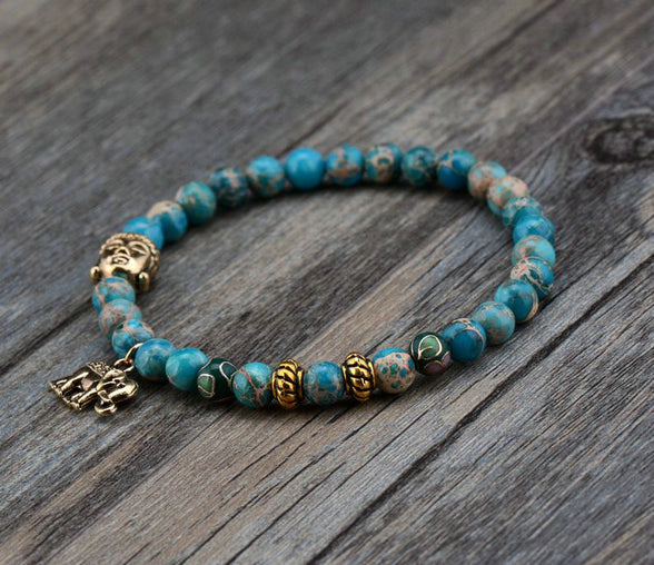 Boho Bracelet, Stretchy Bracelet, Blue and Brown Elephant Tibetan - Wild Rose Boho