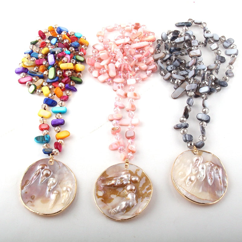 Boho Necklace, RH Big Crystal Shell Purple Necklaces - Wild Rose Boho