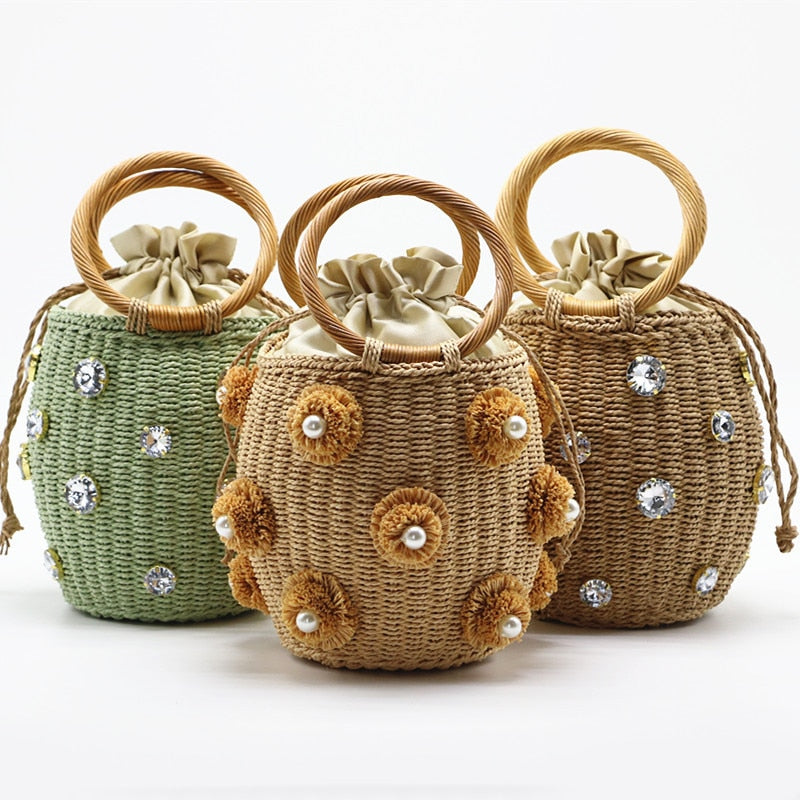Boho Bag, Woven Straw Rope Basket Bag, Green Diamond Busket - Wild Rose Boho