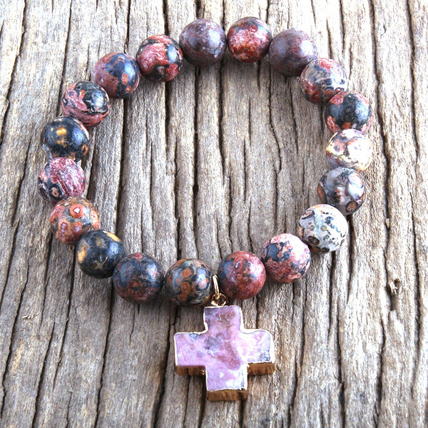 Boho Bracelet, RH Natural Stones Pink Cross - Wild Rose Boho