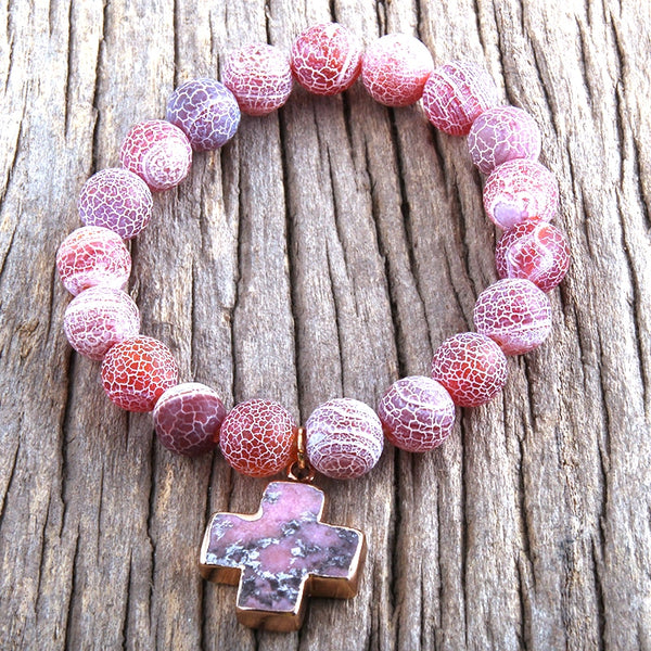 Boho Bracelet, RH Natural Stones Pink Cross - Wild Rose Boho