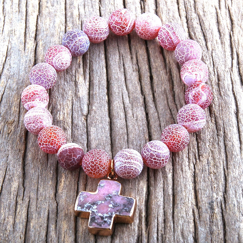 Boho Bracelet, RH Natural Stones Pink Cross - Wild Rose Boho