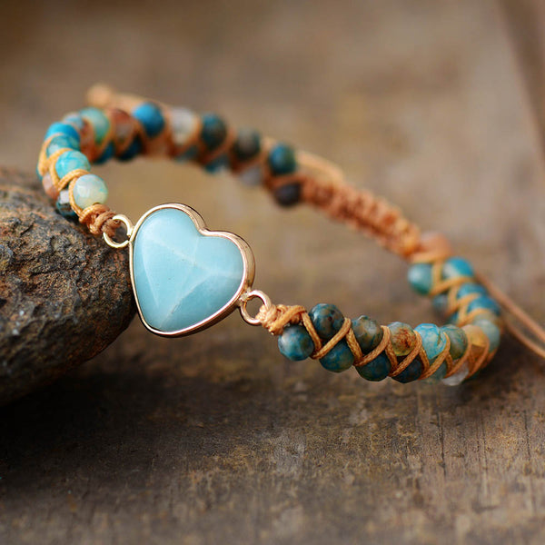 Boho Bracelet, Friendship Bracelet, Macrame Bracelet, Blue Heart Amazonite - Wild Rose Boho