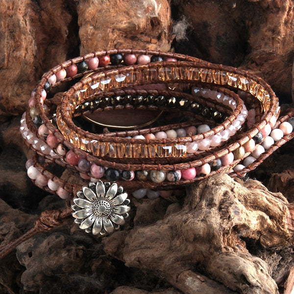 Boho Bracelet, RH 5 Layers Leather Wrap Bracelet, Pink Rose quartz - Wild Rose Boho