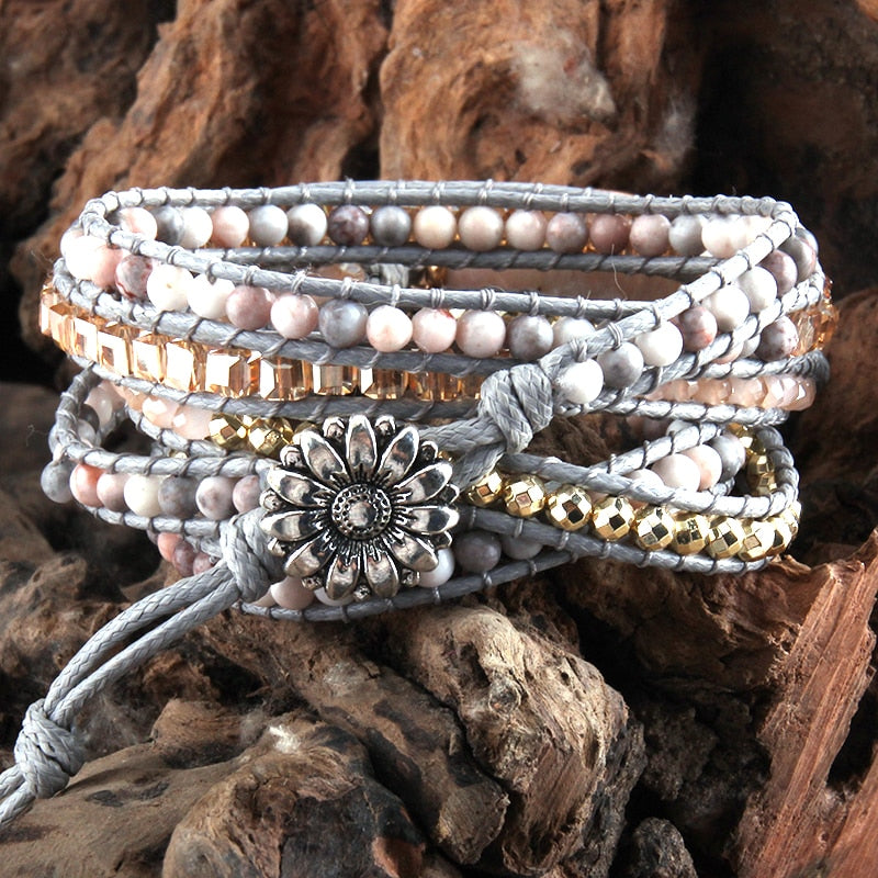 Boho Bracelet, RH 5 Layers Leather Wrap Bracelet, Natural Stones, Rose Quarts Silver - Wild Rose Boho