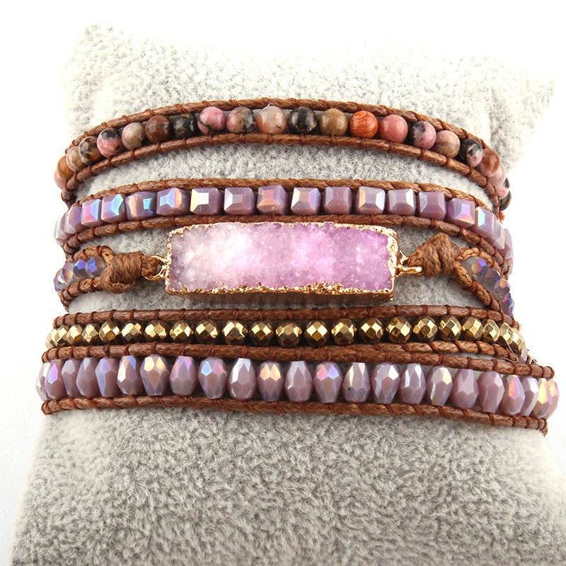 Boho Bracelet, RH 5 Layers Leather Wrap Bracelet, Natural Stones, Gold Purple Sapphire