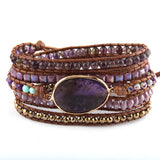 Boho Bracelet, RH 5 Layers Leather Wrap Bracelet, Natural Stones, Violet Amythyst - Wild Rose Boho