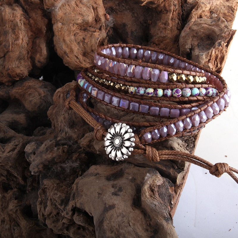 Boho Bracelet, RH 5 Layers Leather Wrap Bracelet, Natural Stones, Violet Amythyst - Wild Rose Boho