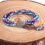 Boho Bracelet, RH 3 Layers Leather Wrap Bracelet, Green and Purple Natural Stones - Wild Rose Boho