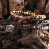 Boho Bracelet, RH 5 Layers Leather Wrap Bracelet, Natural Stones, Dusty Brown Armbander - Wild Rose Boho