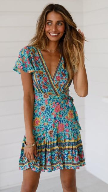 Boho Mini Dress, Sundress, Wrap Dress, Gypsy Flower in Blue and White ...