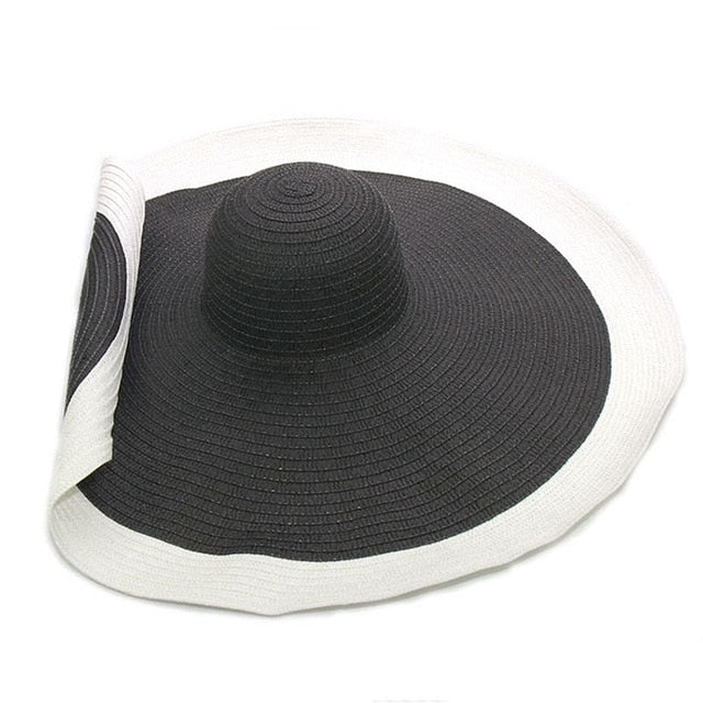 Boho Hat, Sun Hat, Beach Hat, Extra Wide Brim Straw Hat (25 cm), Two Tone Black White - Wild Rose Boho