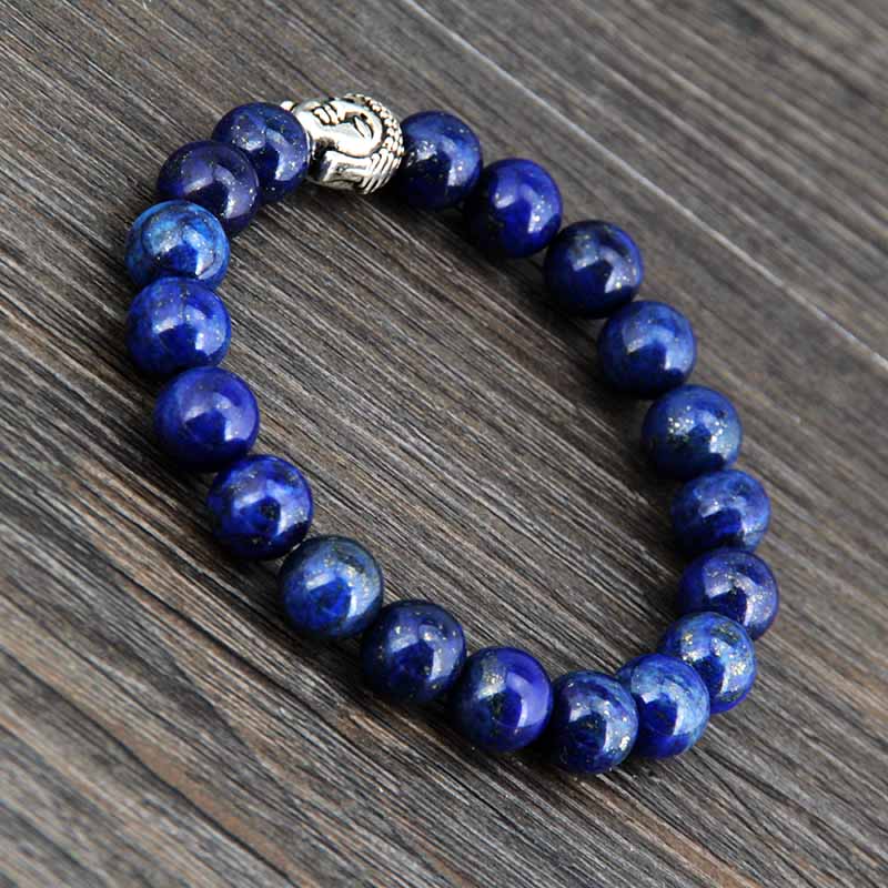 Boho Bracelet, Stretchy Bracelet, 8MM Blue Lapis Luzuli Antique Buddha - Wild Rose Boho