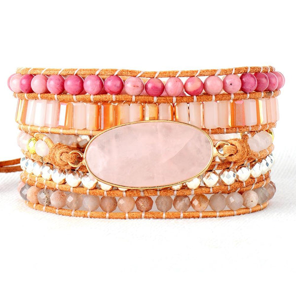 Boho Bracelet, 5 Layers Leather Wrap Bracelet, Pink Pastelส Rhodonite - Wild Rose Boho